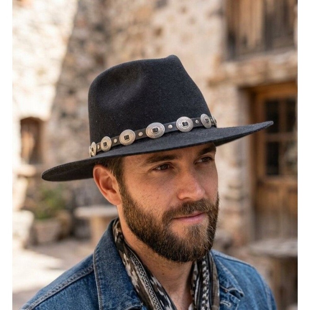 Outback Trading Co Western Hat Mens 7¼ 1314 Black Wool Felt Concho Belt Brim